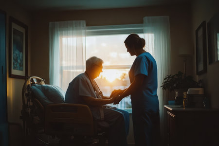 A caregiver holds the hand of an elderly patient in a dimly lit room, creating a moment of connection.の素材