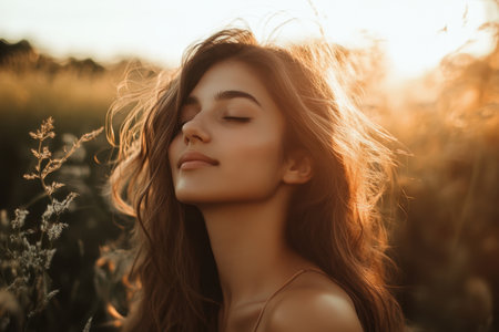 A woman stands in a golden grassy field, closing her eyes and embracing the warm glow of the sunset.の素材