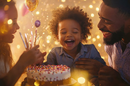 A young child laughs with joy as they celebrate their birthday with family and candles on a decorated cake.の素材