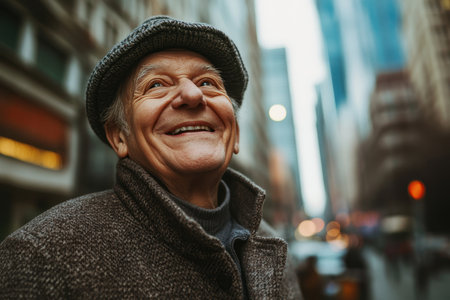 An elderly man wearing a warm hat enjoys a walk through an urban setting, smiling at the surroundings.の素材