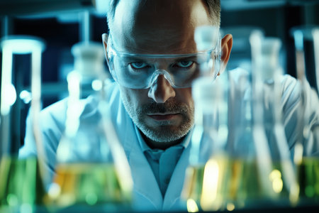 A focused scientist examines various liquid samples in glass containers, working late in the lab.の素材