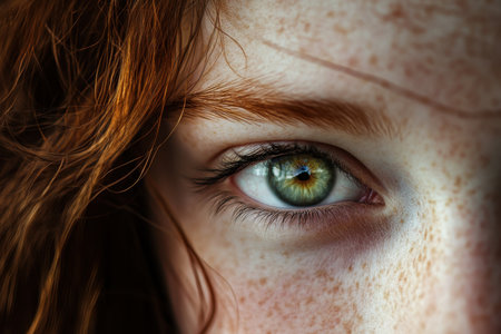 A captivating gaze reveals a vibrant green eye surrounded by natural freckles and red hair.の素材
