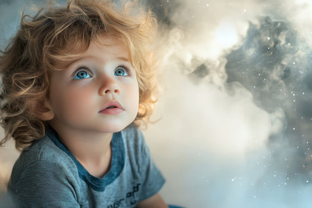 A young child with curly hair looks up in awe, surrounded by a soft, ethereal mist and gentle light.の素材