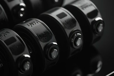 Detailed view of black weightlifting weights arranged neatly, highlighting their design and texture.の素材