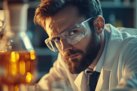 A scientist with glasses looks intently at his experiment, surrounded by glassware and warm light.の素材