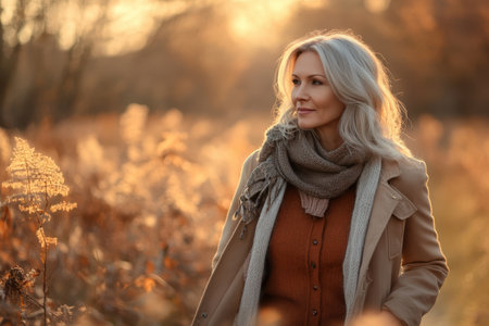 A woman strolls through a tranquil field with autumn foliage, bathed in warm golden light.の素材