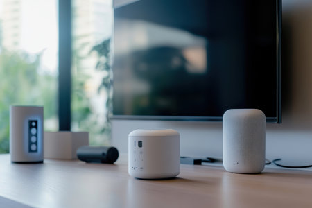 A stylish set of wireless speakers and smart devices on a wooden table in a modern living room.の素材