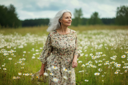 A woman with long gray hair strolls confidently through a field of daisies, enjoying nature on a bright day.の素材
