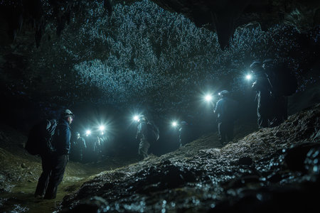In a cavern, adventurers use headlamps to reveal stunning rock formations.の素材