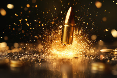 A bullet erupts in a golden spray as it impacts a surface, surrounded by shimmering particles.の素材