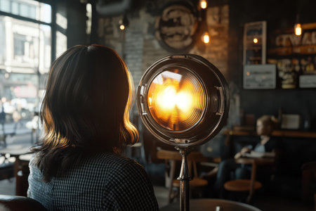 A woman with dark hair sits back, absorbing the warm glow from a vintage lamp while a child plays nearby.の素材