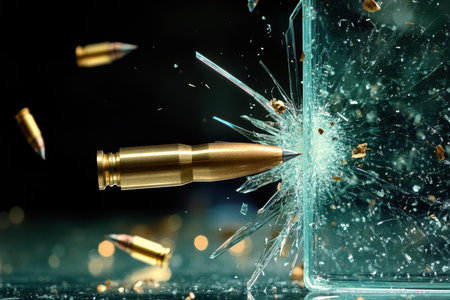 A bullet pierces through glass, causing shards to scatter in a high-speed shooting display during daylight.の素材