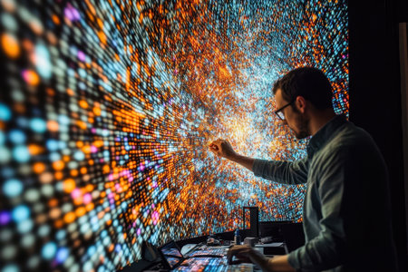 A person interacts with a vibrant digital display, creating dynamic patterns and colors in a gallery.の素材