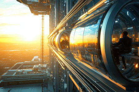 A sleek transportation system features transparent tubes with passengers enjoying sunset views over the skyline.の素材