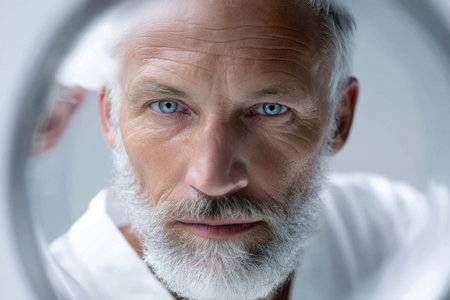 Elderly man with a gray beard gazes intensely with blue eyes through a circular lens, showing his expression.の素材