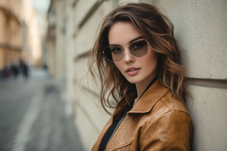 A woman with wavy hair wears sunglasses and a brown leather jacket while leaning against a wall outdoors.の素材
