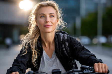 A woman enjoys cycling through a city street in the late afternoon, showing determination and joy.の素材