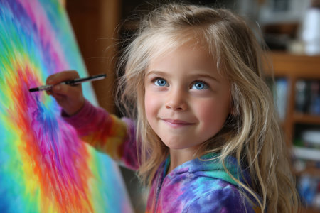 A child with blonde hair is happily drawing on a large canvas, showing vibrant colors and creativity.の素材