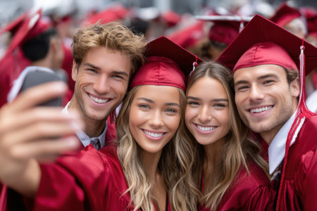 Friends celebrate their graduation by taking a cheerful selfie in red caps and gowns at the ceremony.の素材