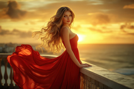 A woman in a flowing red dress stands on a balcony at sunset, gazing at the ocean horizon as the sun sets.の素材