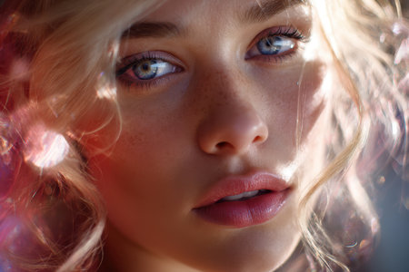 A young woman gazes directly at the viewer, showing her blue eyes and flawless skin.の素材