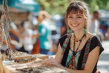 A young vendor showcases her handmade jewelry, enjoying a sunny day at a vibrant outdoor market.の素材
