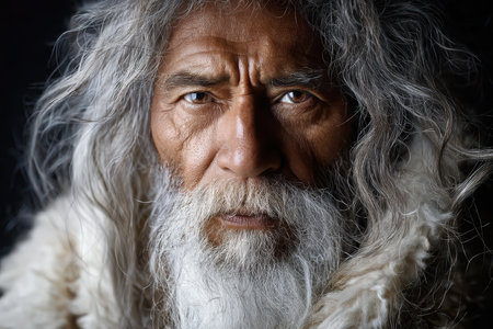 An elderly man with long gray hair and a thick beard showcases a deep, thoughtful expression against a dark backdrop.の素材