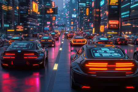 Cars with illuminated displays drive through a vibrant, high-tech city filled with neon lights and towering buildings.の素材