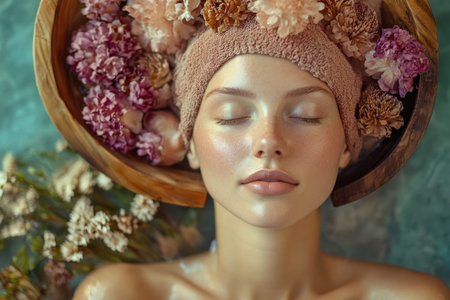 A woman lies peacefully with closed eyes surrounded by fragrant flowers in a soothing spa ambiance.の素材