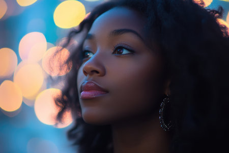 Woman with radiant skin admires the vibrant lights, showing a peaceful expression in a nighttime setting.の素材