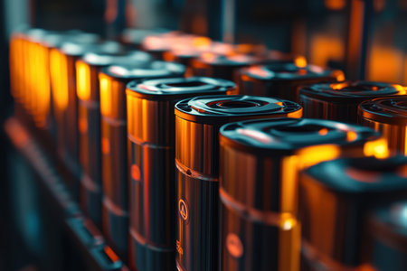 Sleek coffee canisters are arranged in a row, reflecting warm light in a contemporary cafe environment.の素材