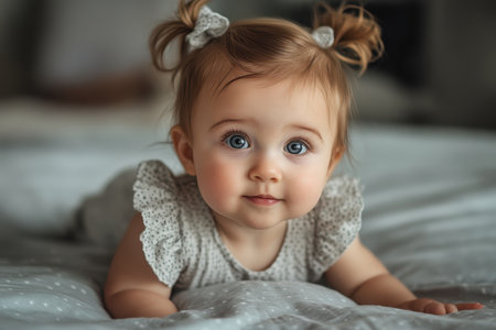A cheerful baby girl with bright blue eyes plays on her stomach, exploring her surroundings in a cozy room.の素材
