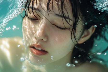 A young woman is submerged in clear water, her hair flowing around her, creating a peaceful vibe.の素材