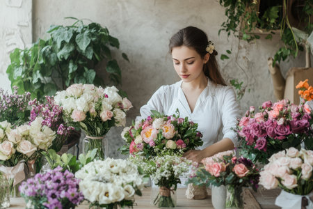 A florist carefully arranges colorful flowers into stunning bouquets in a vibrant shop filled with greenery.の素材