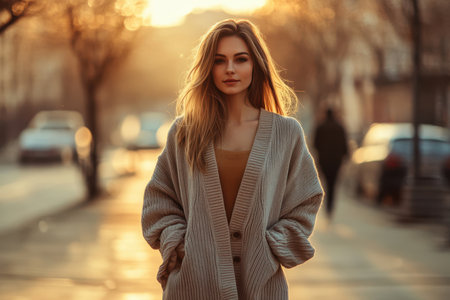 A young woman stands confidently on a serene street at sunset, wearing a warm cardigan.の素材