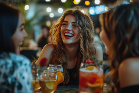 Three women share joyful moments and laughter while sipping colorful cocktails in a vibrant atmosphere.の素材