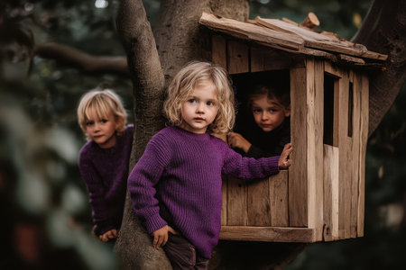 Three children enjoy their time playing in a wooden treehouse amidst lush greenery.の素材