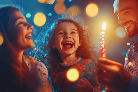 A young girl laughs joyfully while her parents celebrate with a candle amidst glowing lights.の素材