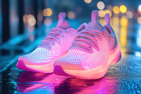 Brightly colored athletic shoes are illuminated by neon lights on a rainy urban street at night.の素材