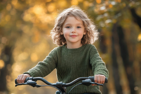 A cheerful child with curly hair enjoys riding a bicycle amidst golden autumn leaves in a serene park.の素材