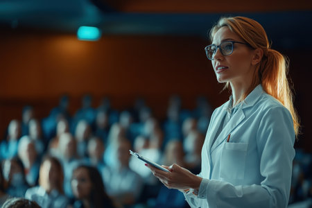 A medical expert addresses a large audience during a conference, sharing important research insights.の素材