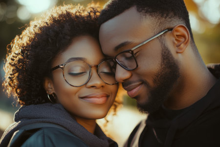 Two people share a tender moment in a park, surrounded by vibrant autumn leaves and warm sunlight.の素材