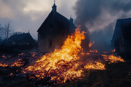 Bright orange flames consume dry grass and old structures as smoke billows on an overcast evening.の素材