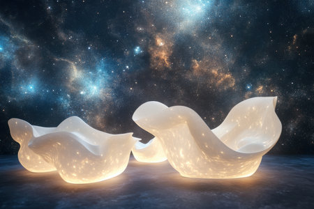Ethereal and glowing furniture showcases an imaginative design against a starry night backdrop, captivating viewers.の素材
