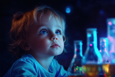 A young child observes bright, illuminated flasks while engaged in a nighttime science activity at home.の素材