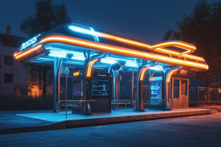 A glowing bus station features vibrant neon lights in a calm city setting at nightfall.の素材