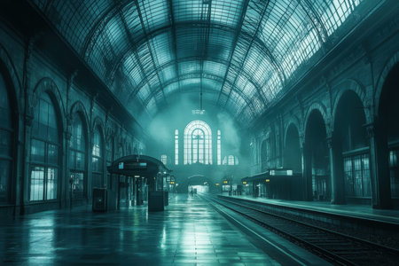 A historic train station with elegant arches and large windows bathed in soft light creates a serene atmosphere.の素材