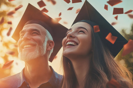 Family members celebrate a graduation outdoors, enjoying the moment of achievement and happiness together.の素材