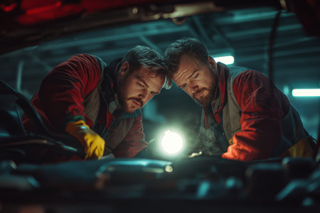 Two mechanics focus intently on fixing a car engine, illuminated by a faint light in a garage environment.の素材