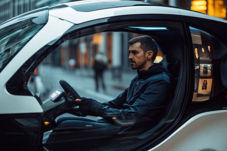 A man focuses on driving a sleek electric vehicle through urban streets at dusk, showing modern design.の素材